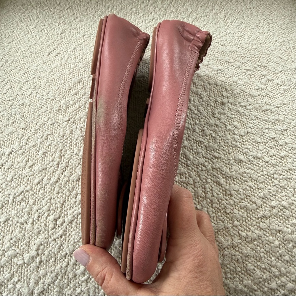 Tory Burch Reva Ballet Flats Peony Pink Logo Medallion Scrunch Back - Picture 6 of 9